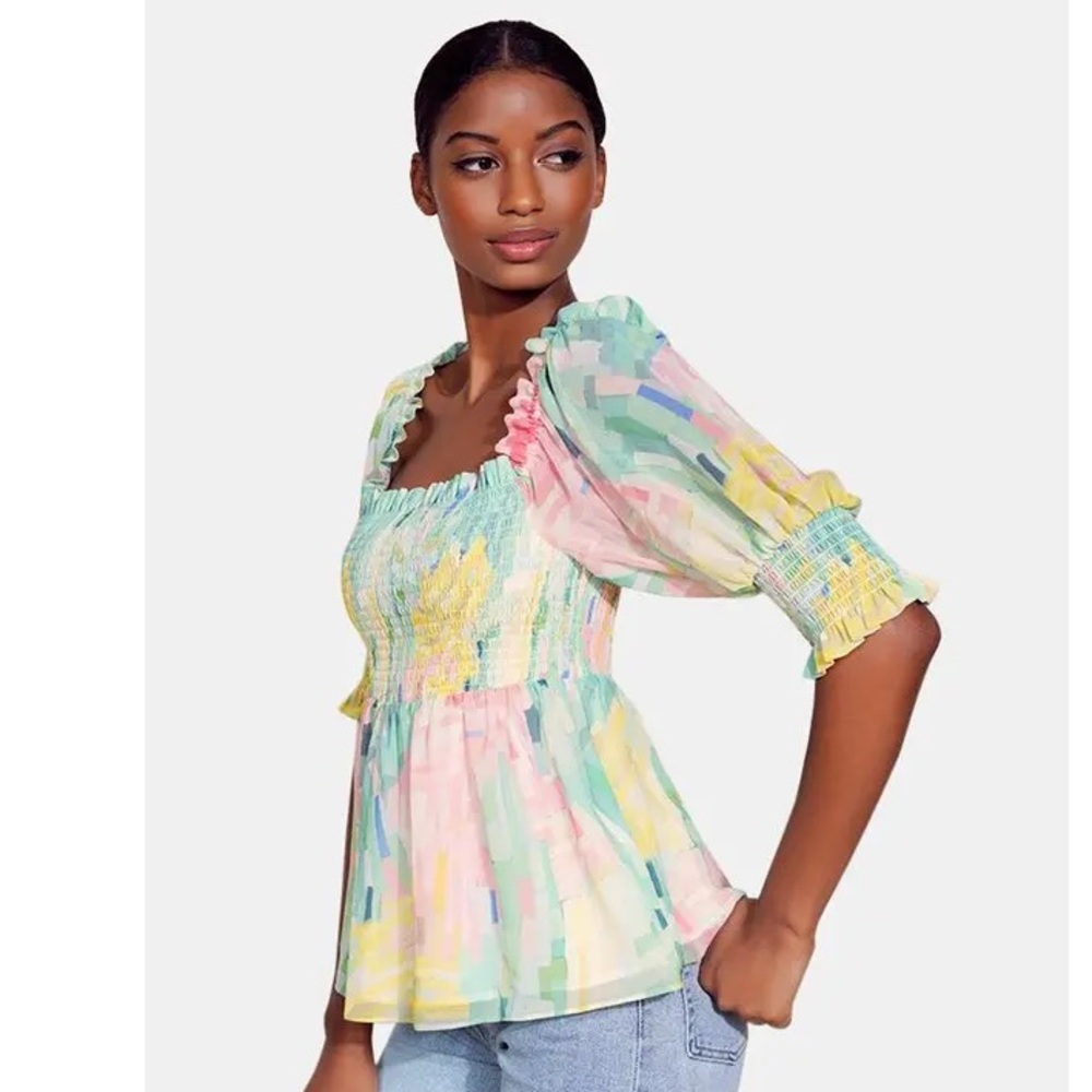 Hutch Nova sheer peasant style blouse square neck x-small multicolor